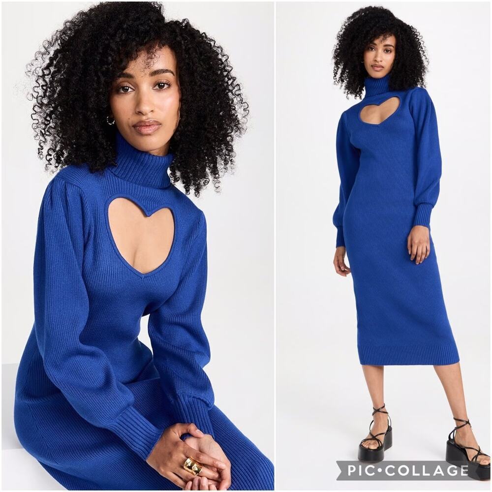 Farm Rio Bright Blue Ribbed Knit Heart Cutout‎ Turtleneck Sweater Midi Dress NEW - Picture 10 of 16